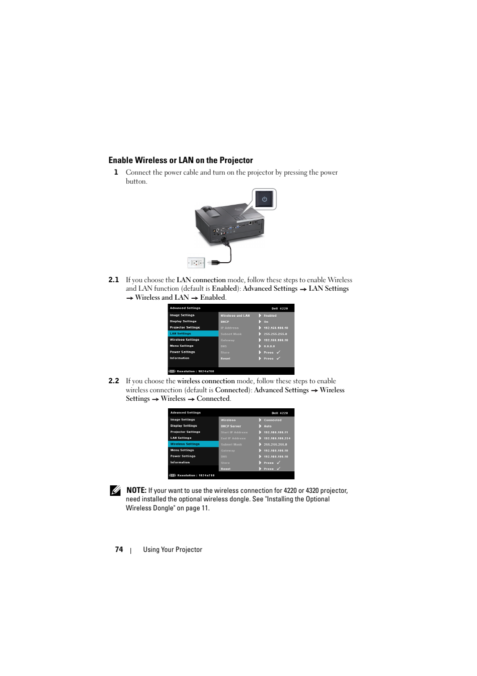 Enable wireless or lan on the projector | Dell 4320 Projector User Manual | Page 74 / 121