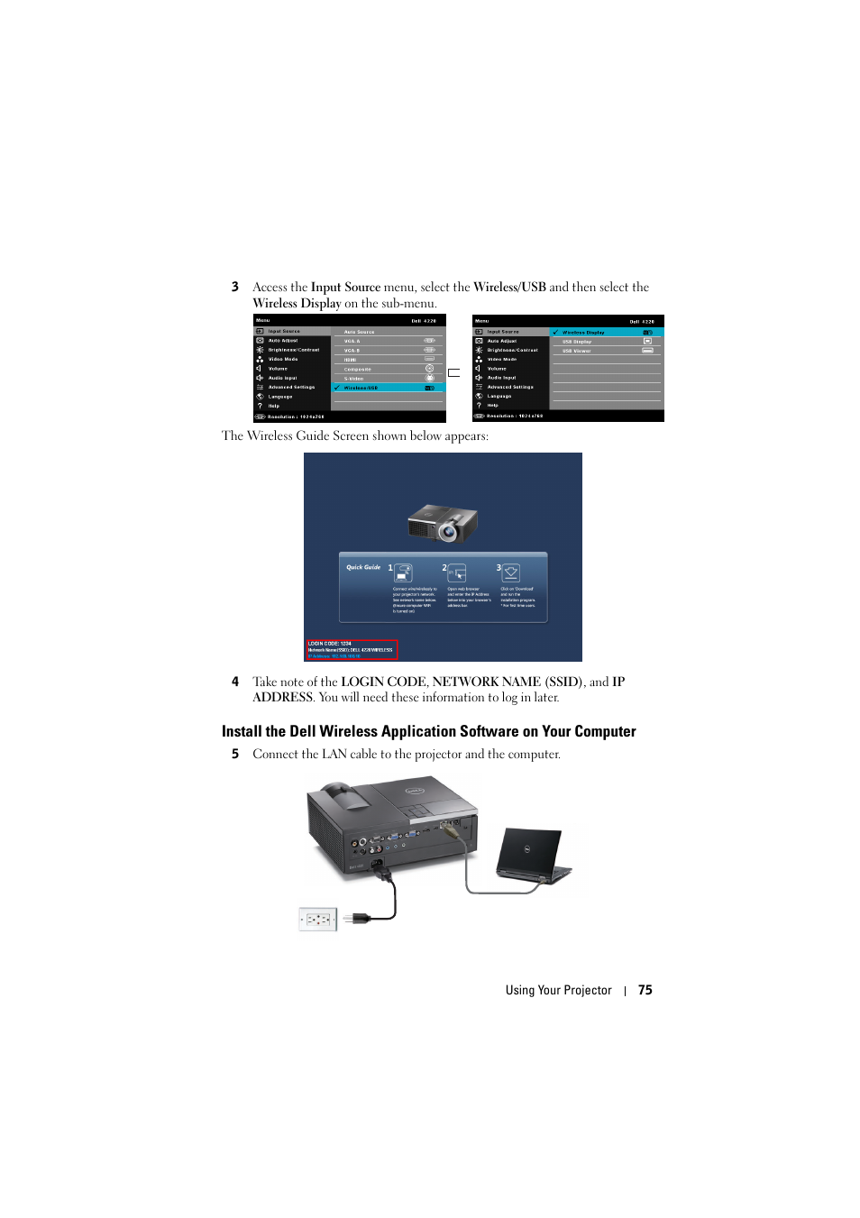 Install the dell wireless application software, On your computer | Dell 4320 Projector User Manual | Page 75 / 121