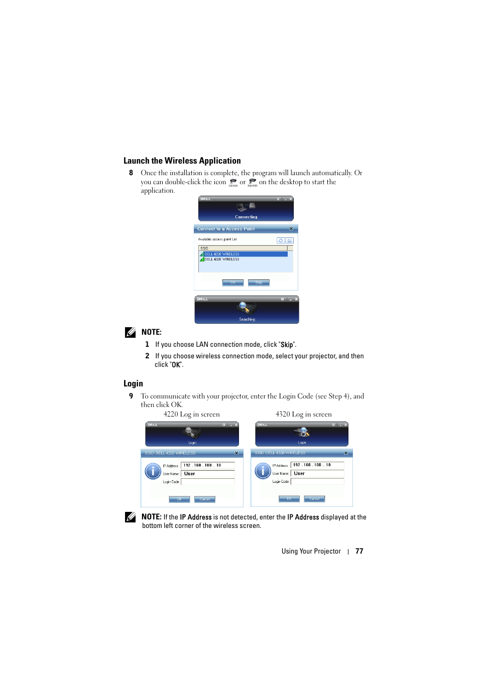 Launch the wireless application, Login | Dell 4320 Projector User Manual | Page 77 / 121