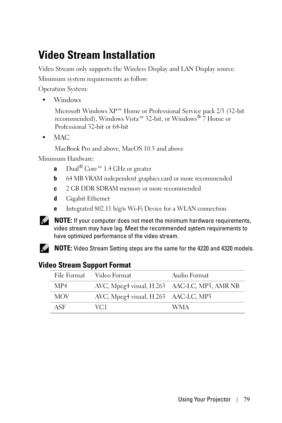 Video stream installation, Video stream support format | Dell 4320 Projector User Manual | Page 79 / 121