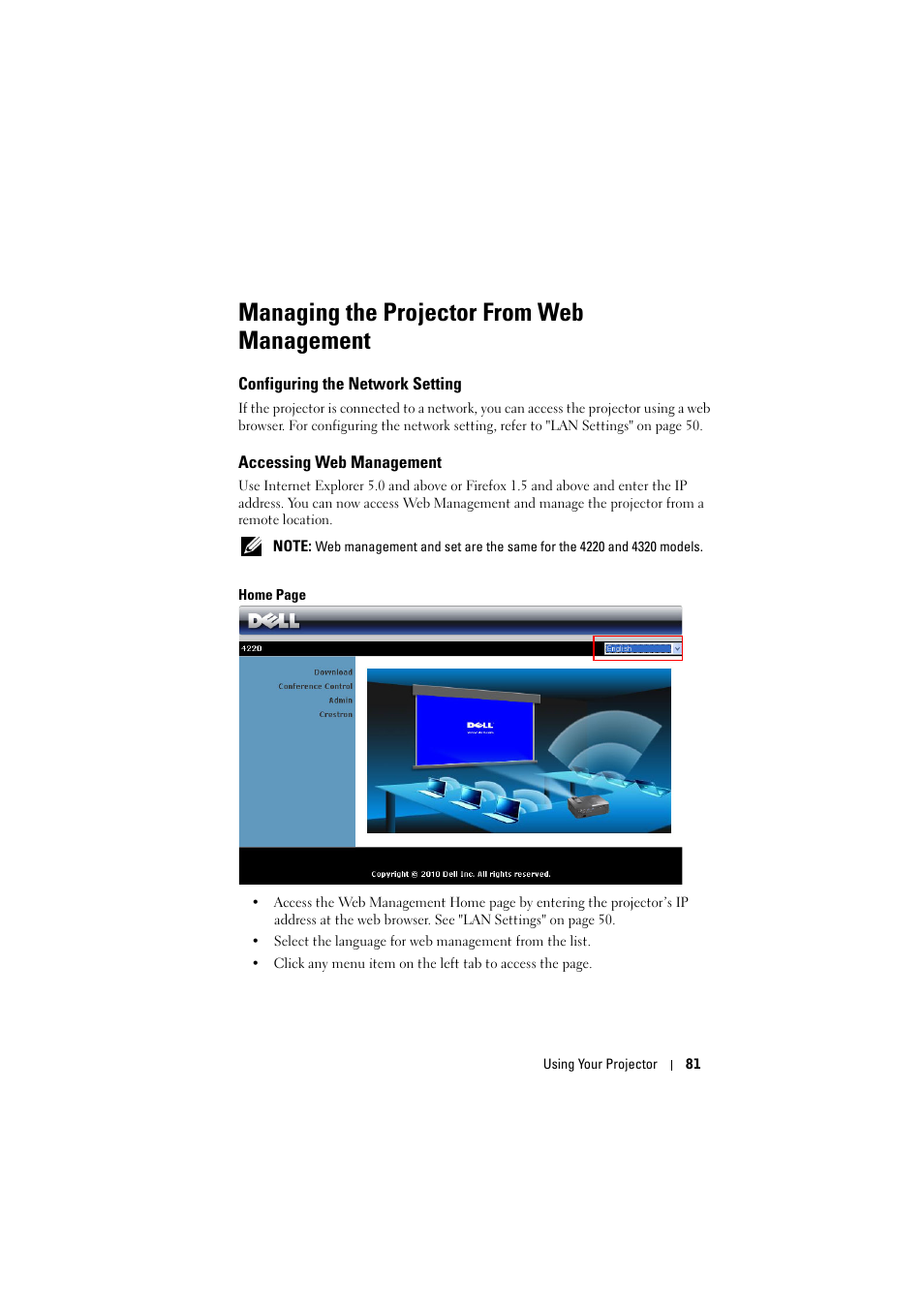 Managing the projector from web management, Configuring the network setting, Accessing web management | Managing the | Dell 4320 Projector User Manual | Page 81 / 121