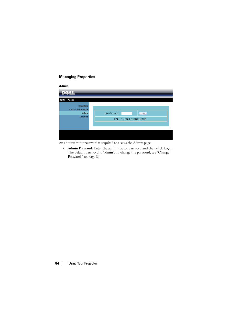 Managing properties, Admin | Dell 4320 Projector User Manual | Page 84 / 121