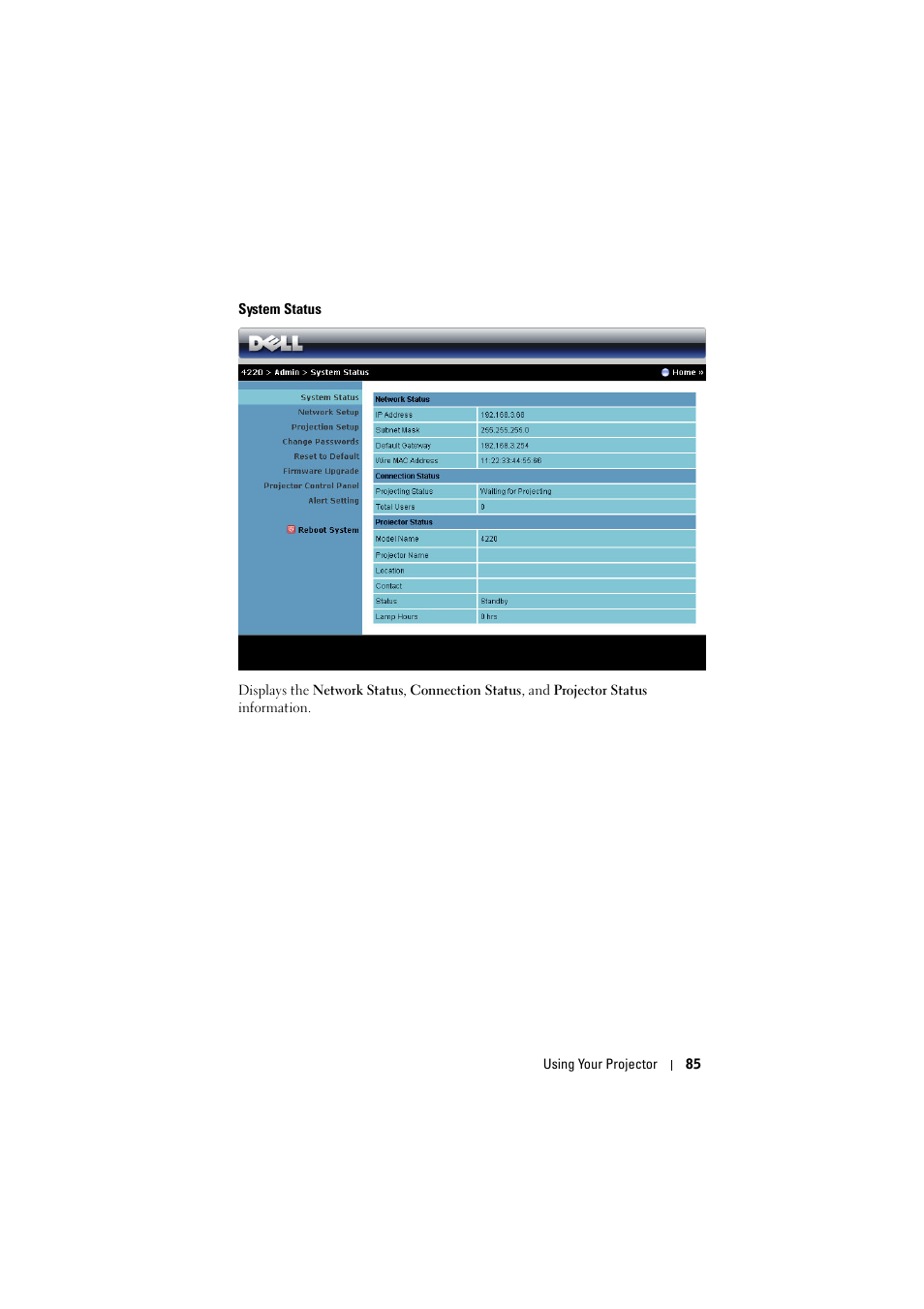 System status | Dell 4320 Projector User Manual | Page 85 / 121