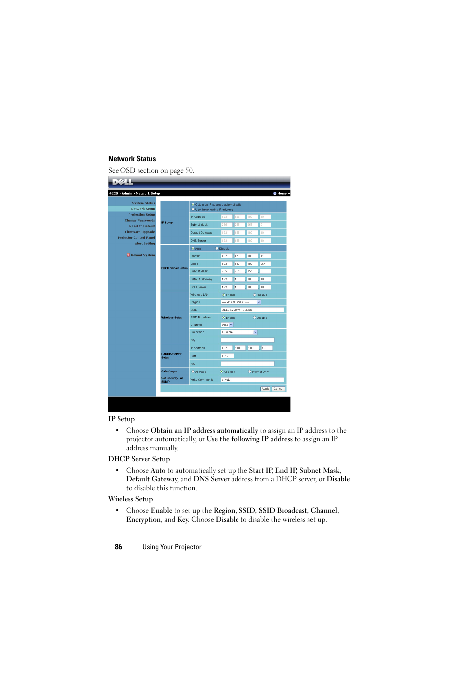 Network status | Dell 4320 Projector User Manual | Page 86 / 121