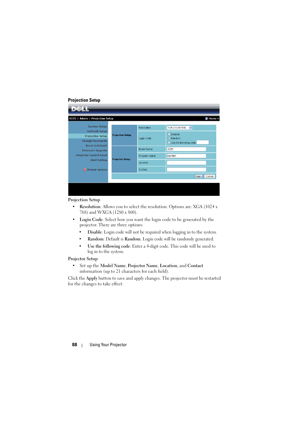 Projection setup | Dell 4320 Projector User Manual | Page 88 / 121