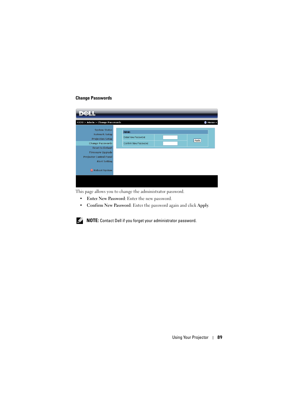 Change passwords | Dell 4320 Projector User Manual | Page 89 / 121