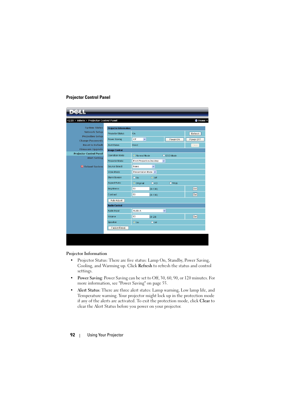 Projector control panel | Dell 4320 Projector User Manual | Page 92 / 121