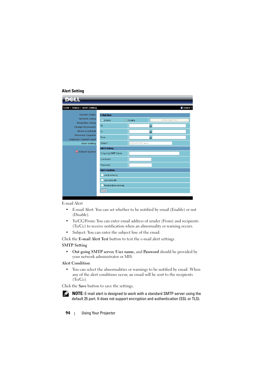 Alert setting | Dell 4320 Projector User Manual | Page 94 / 121
