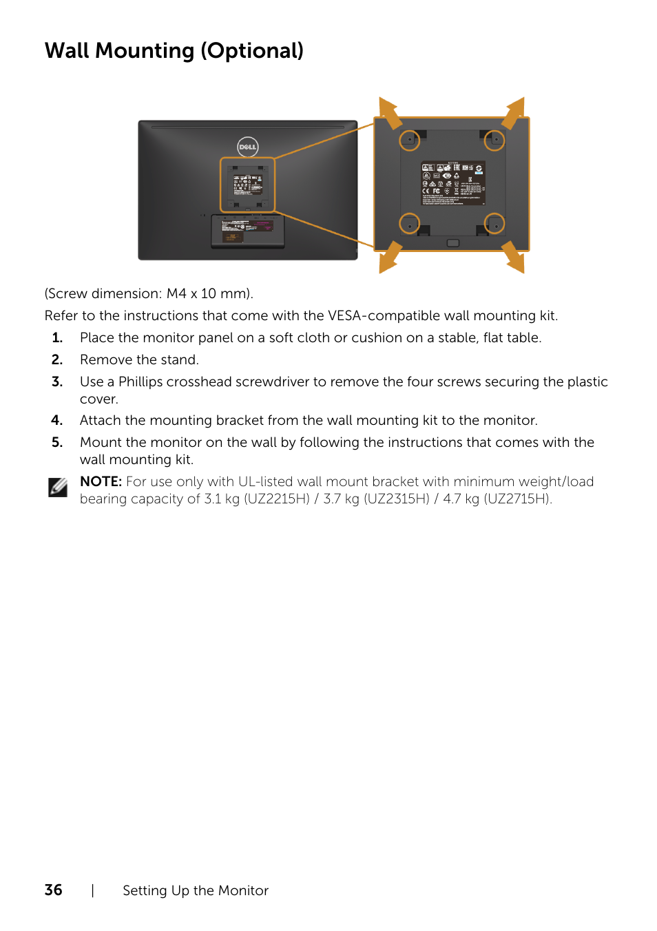 Wall mounting (optional) | Dell UZ2315H Monitor User Manual | Page 36 / 69