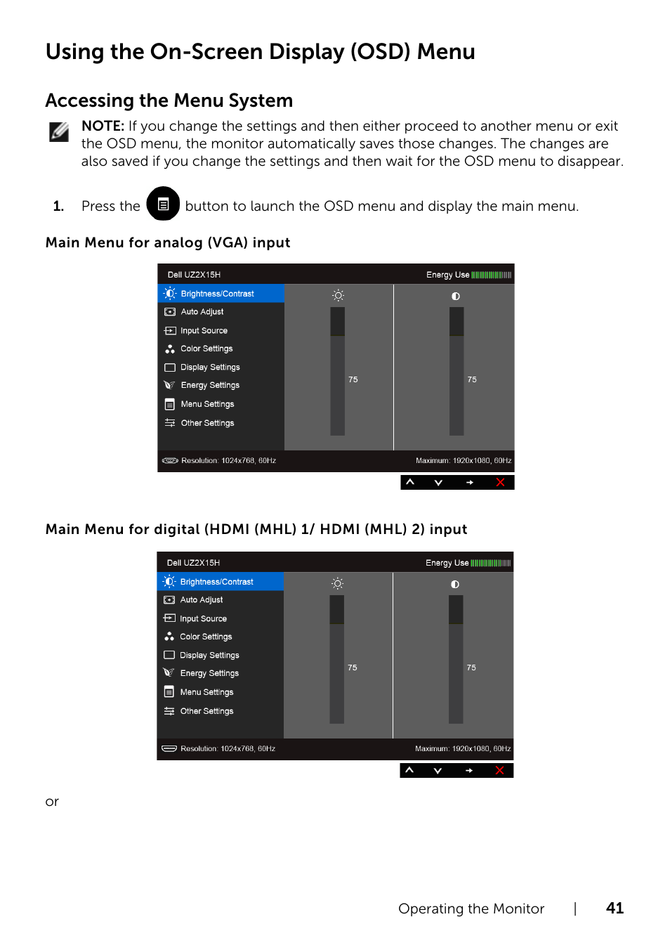 Using the on-screen display (osd) menu, Menu (see, Accessing the menu system | Dell UZ2315H Monitor User Manual | Page 41 / 69