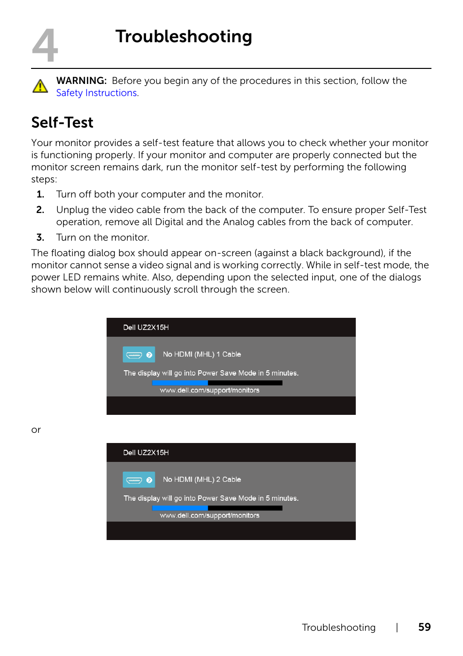 Troubleshooting, Self-test | Dell UZ2315H Monitor User Manual | Page 59 / 69