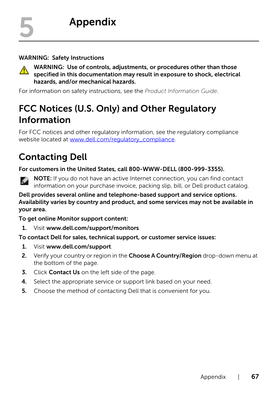 Appendix, Contacting dell, Fcc notices (u.s. only) and other regulatory | Information | Dell UZ2315H Monitor User Manual | Page 67 / 69