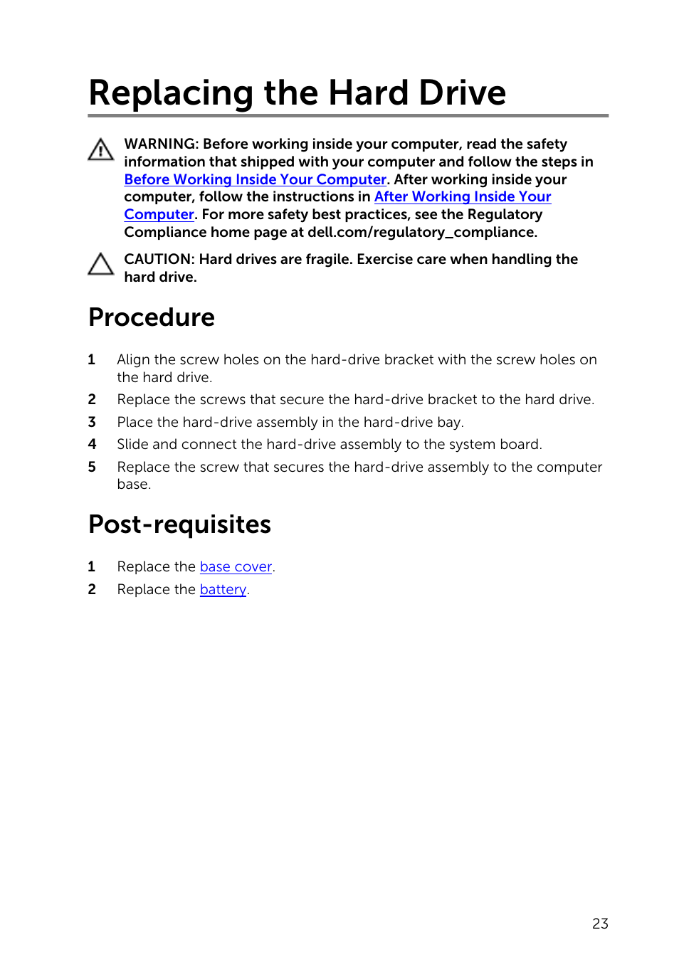 Replacing the hard drive, Procedure, Post-requisites | Dell Inspiron 17 (5748, Mid 2013) User Manual | Page 23 / 93