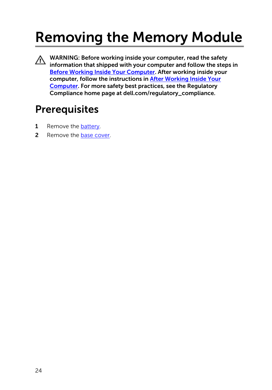 Removing the memory module, Prerequisites | Dell Inspiron 17 (5748, Mid 2013) User Manual | Page 24 / 93