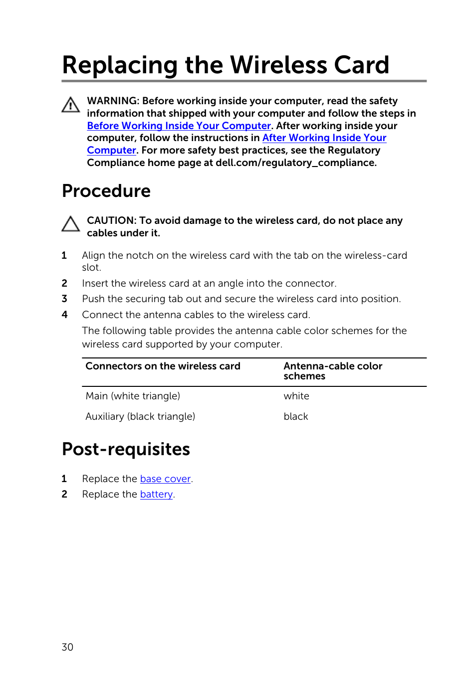 Replacing the wireless card, Procedure, Post-requisites | Dell Inspiron 17 (5748, Mid 2013) User Manual | Page 30 / 93