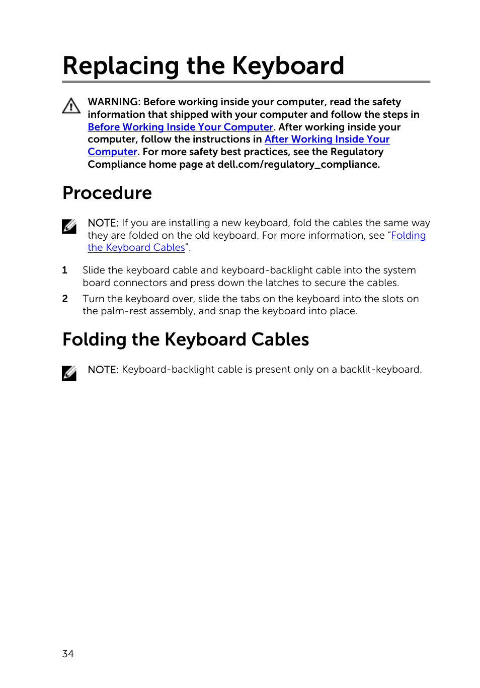 Replacing the keyboard, Procedure, Folding the keyboard cables | Dell Inspiron 17 (5748, Mid 2013) User Manual | Page 34 / 93