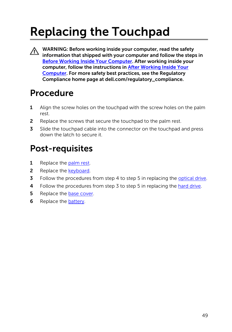 Replacing the touchpad, Procedure, Post-requisites | Dell Inspiron 17 (5748, Mid 2013) User Manual | Page 49 / 93