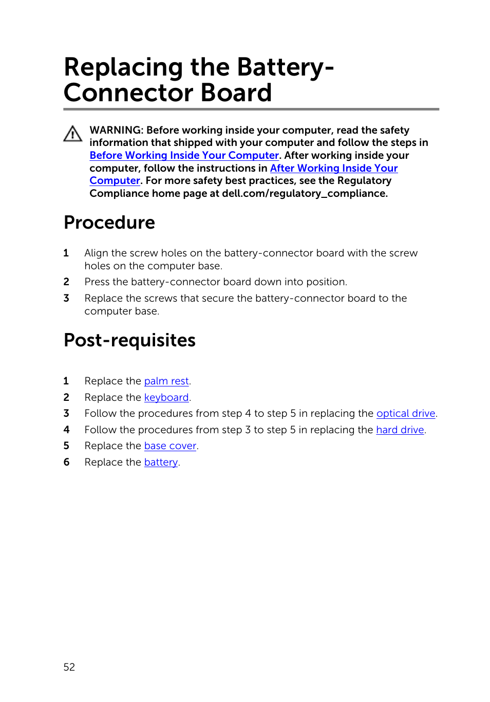 Replacing the battery-connector board, Procedure, Post-requisites | Replacing the battery- connector board | Dell Inspiron 17 (5748, Mid 2013) User Manual | Page 52 / 93