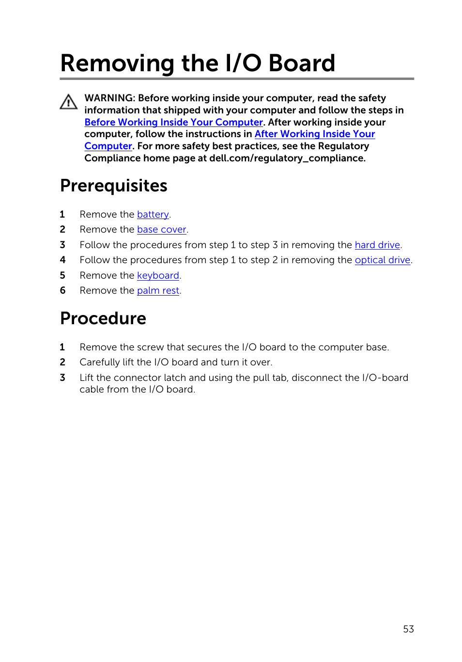 Removing the i/o board, Prerequisites, Procedure | Dell Inspiron 17 (5748, Mid 2013) User Manual | Page 53 / 93