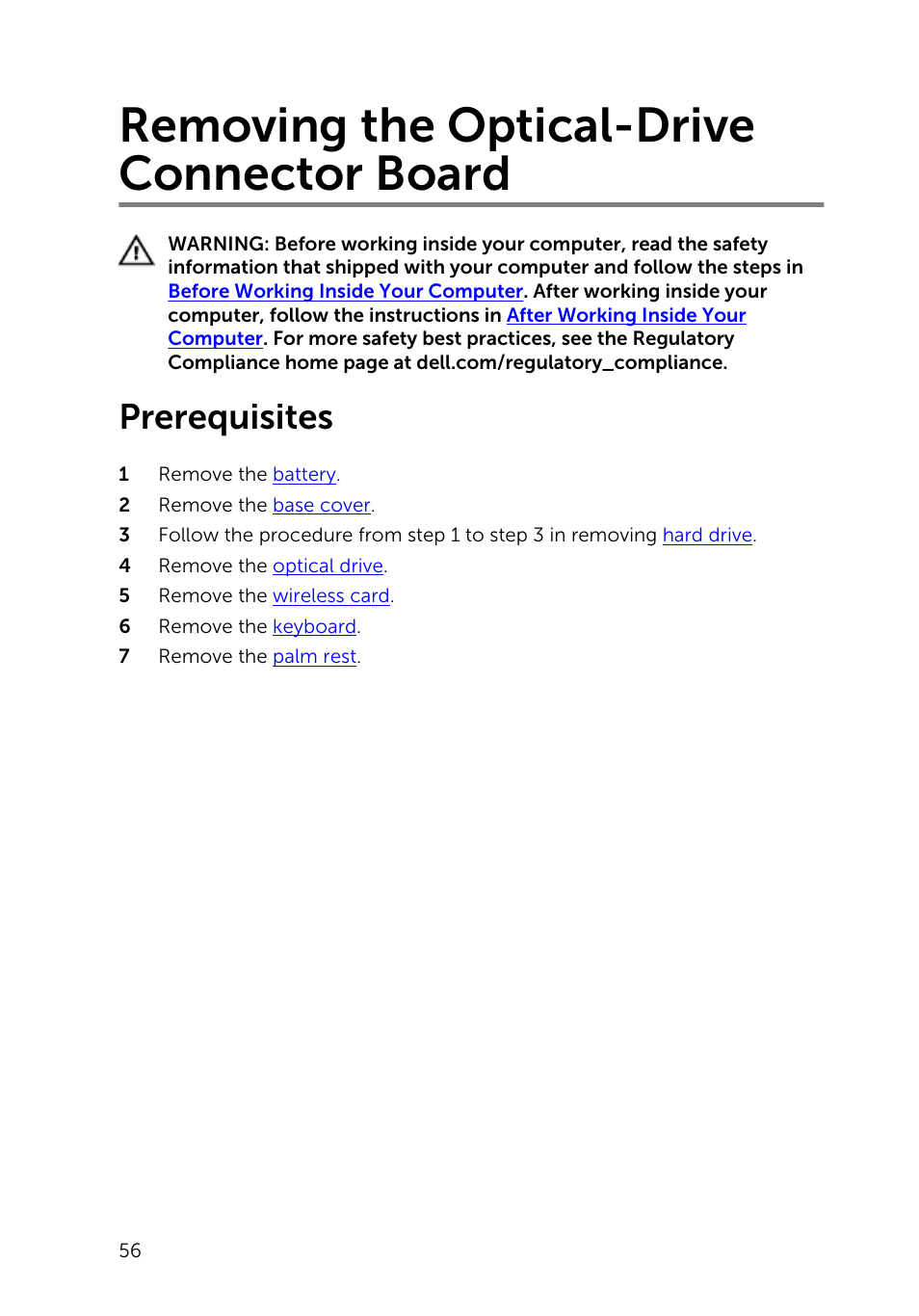 Removing the optical-drive connector board, Prerequisites | Dell Inspiron 17 (5748, Mid 2013) User Manual | Page 56 / 93