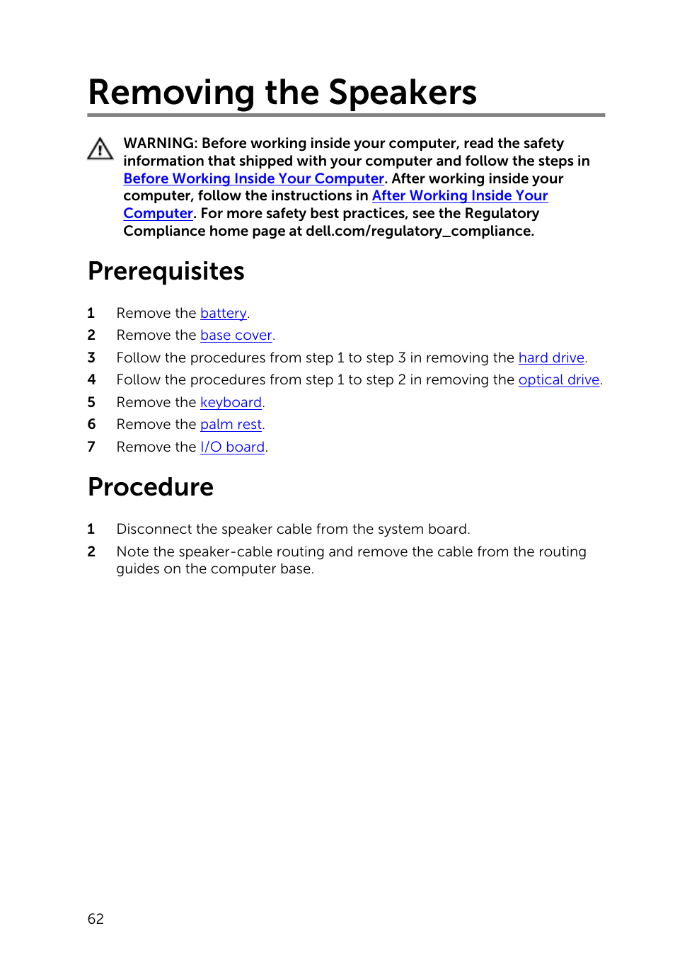 Removing the speakers, Prerequisites, Procedure | Dell Inspiron 17 (5748, Mid 2013) User Manual | Page 62 / 93