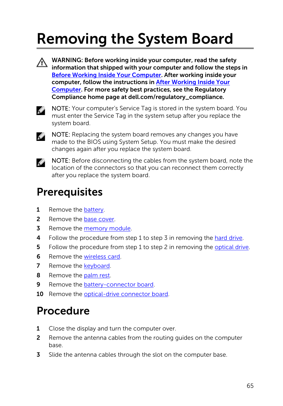 Removing the system board, Prerequisites, Procedure | Dell Inspiron 17 (5748, Mid 2013) User Manual | Page 65 / 93