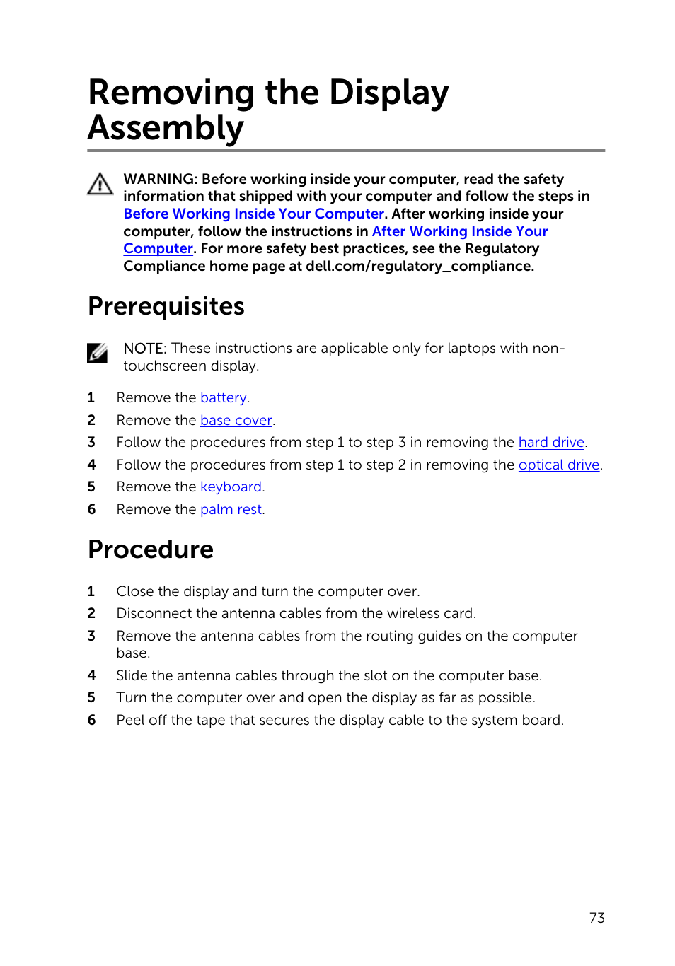 Removing the display assembly, Prerequisites, Procedure | Dell Inspiron 17 (5748, Mid 2013) User Manual | Page 73 / 93