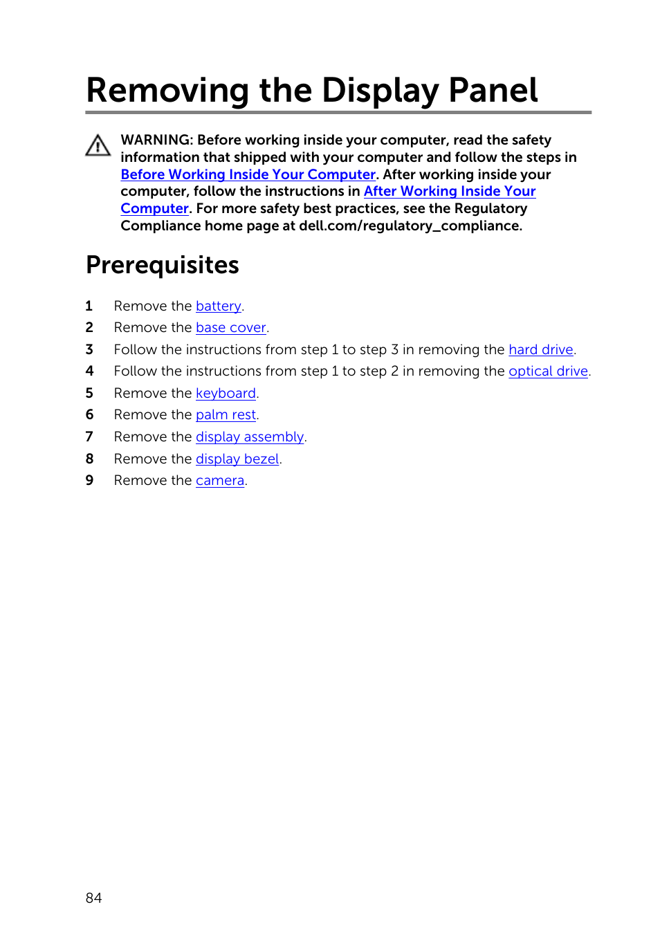 Removing the display panel, Prerequisites | Dell Inspiron 17 (5748, Mid 2013) User Manual | Page 84 / 93