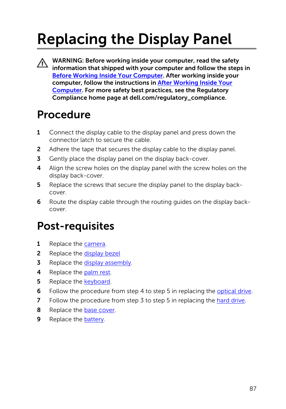 Replacing the display panel, Procedure, Post-requisites | Dell Inspiron 17 (5748, Mid 2013) User Manual | Page 87 / 93