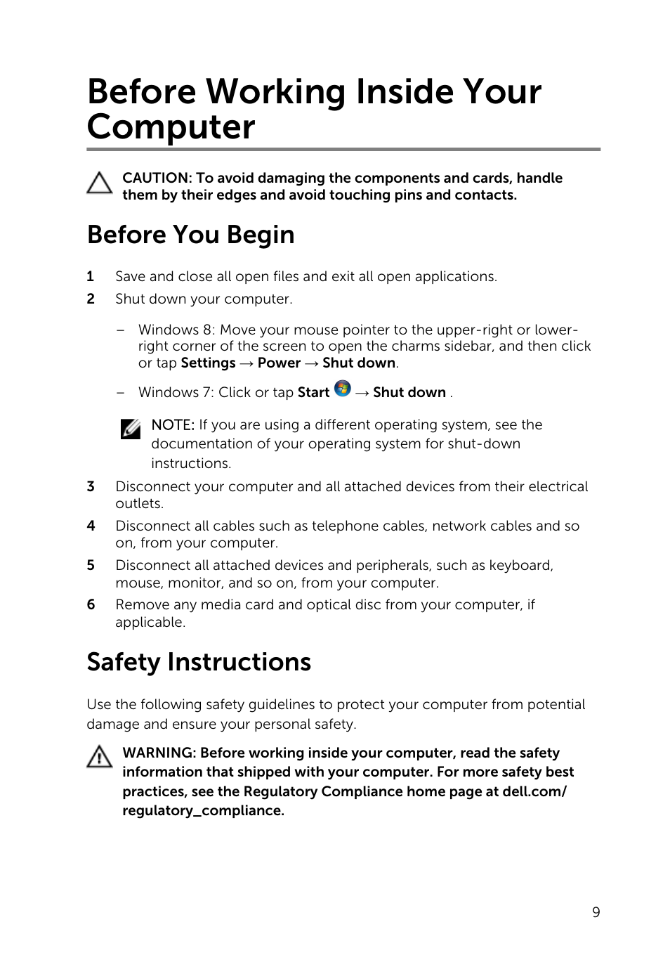 Before working inside your computer, Before you begin, Safety instructions | Dell Inspiron 17 (5748, Mid 2013) User Manual | Page 9 / 93