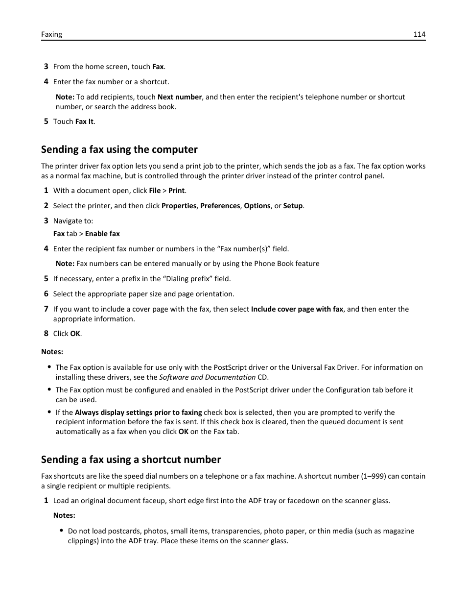 Sending a fax using the computer, Sending a fax using a shortcut number | Dell B3465dnf Mono Laser Multifunction Printer User Manual | Page 114 / 315