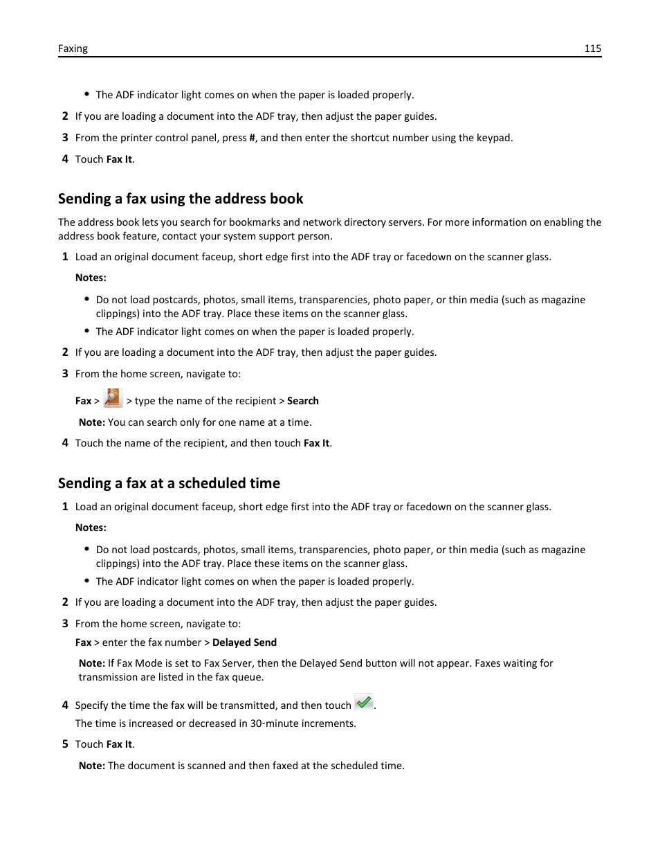 Sending a fax using the address book, Sending a fax at a scheduled time | Dell B3465dnf Mono Laser Multifunction Printer User Manual | Page 115 / 315