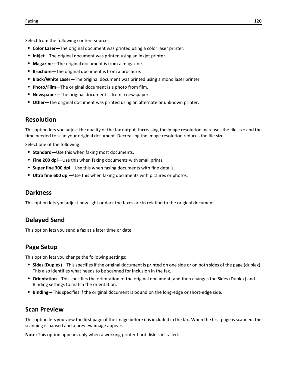 Resolution, Darkness, Delayed send | Scan preview, Page setup | Dell B3465dnf Mono Laser Multifunction Printer User Manual | Page 120 / 315
