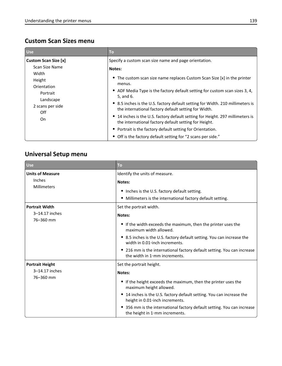 Custom scan sizes menu, Universal setup menu | Dell B3465dnf Mono Laser Multifunction Printer User Manual | Page 139 / 315