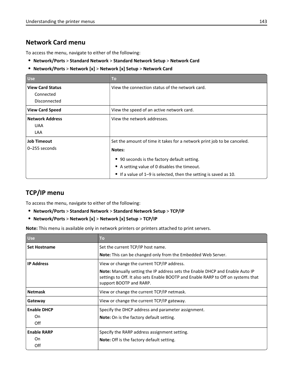 Network card menu, Tcp/ip menu | Dell B3465dnf Mono Laser Multifunction Printer User Manual | Page 143 / 315