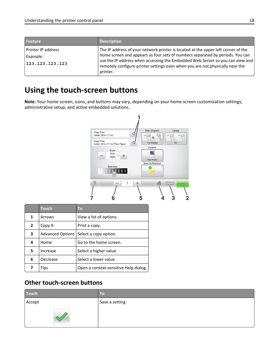 Using the touch-screen buttons, Other touch-screen buttons | Dell B3465dnf Mono Laser Multifunction Printer User Manual | Page 18 / 315