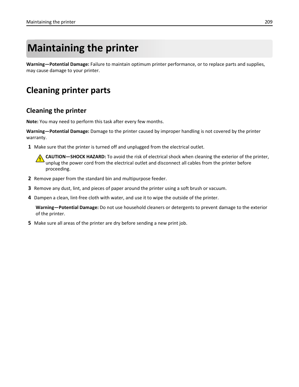 Maintaining the printer, Cleaning printer parts, Cleaning the printer | Dell B3465dnf Mono Laser Multifunction Printer User Manual | Page 209 / 315