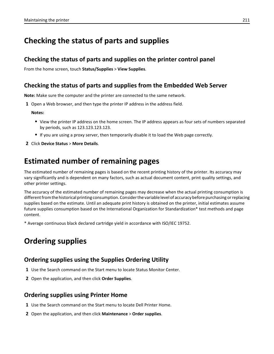 Checking the status of parts and supplies, Ordering supplies, Ordering supplies using printer home | Estimated number of remaining pages | Dell B3465dnf Mono Laser Multifunction Printer User Manual | Page 211 / 315