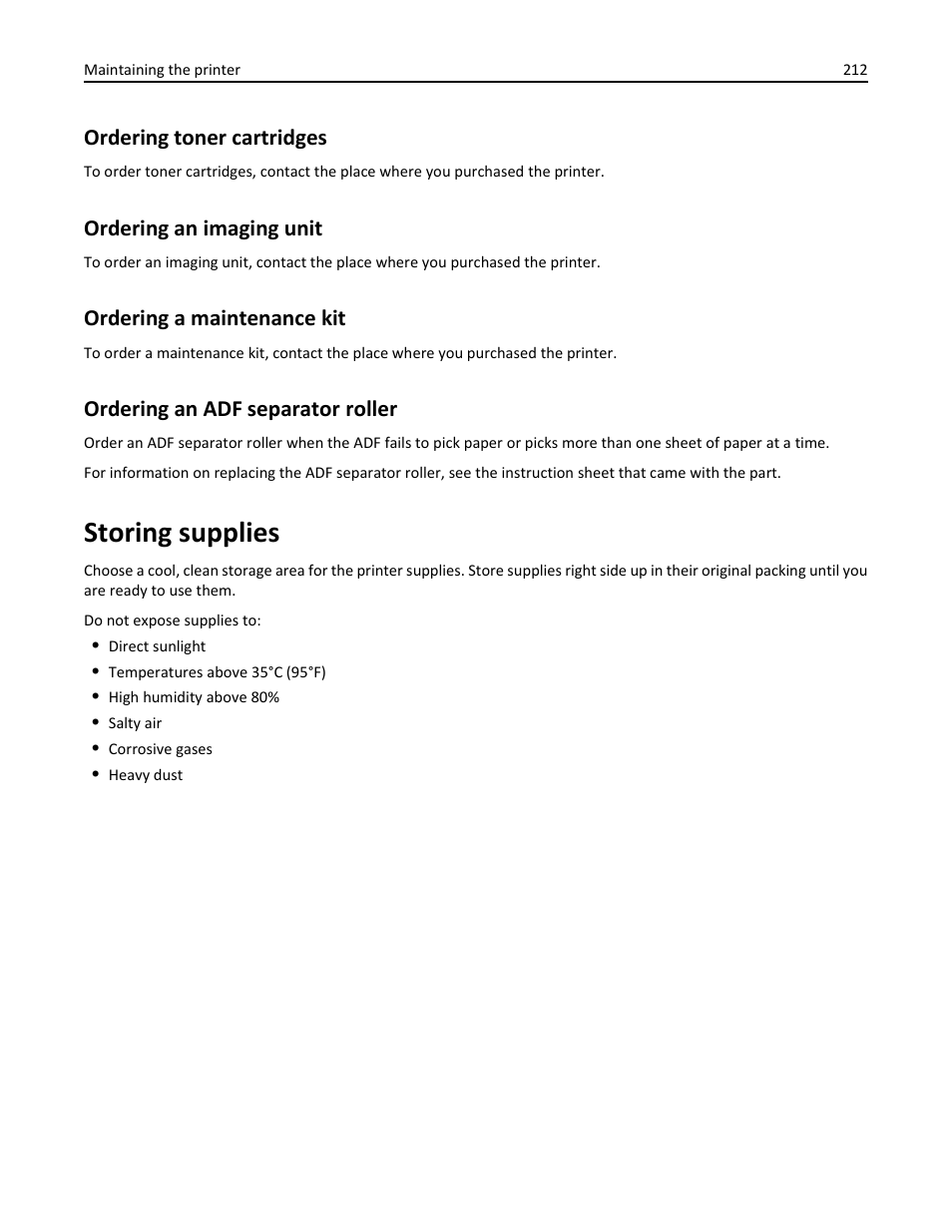 Ordering toner cartridges, Ordering an imaging unit, Ordering a maintenance kit | Ordering an adf separator roller, Storing supplies | Dell B3465dnf Mono Laser Multifunction Printer User Manual | Page 212 / 315
