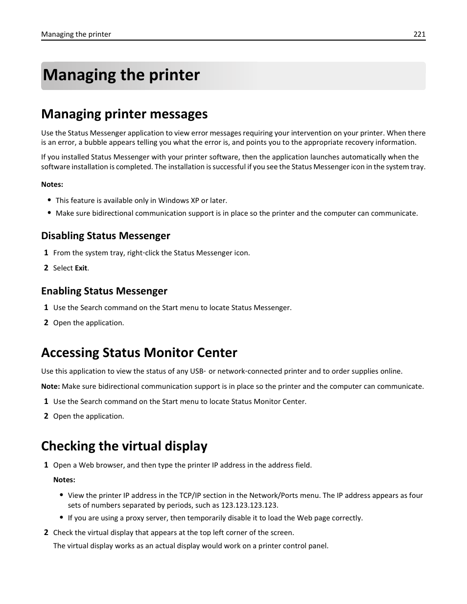 Managing the printer, Managing printer messages, Accessing status monitor center | Checking the virtual display, Disabling status messenger, Enabling status messenger | Dell B3465dnf Mono Laser Multifunction Printer User Manual | Page 221 / 315