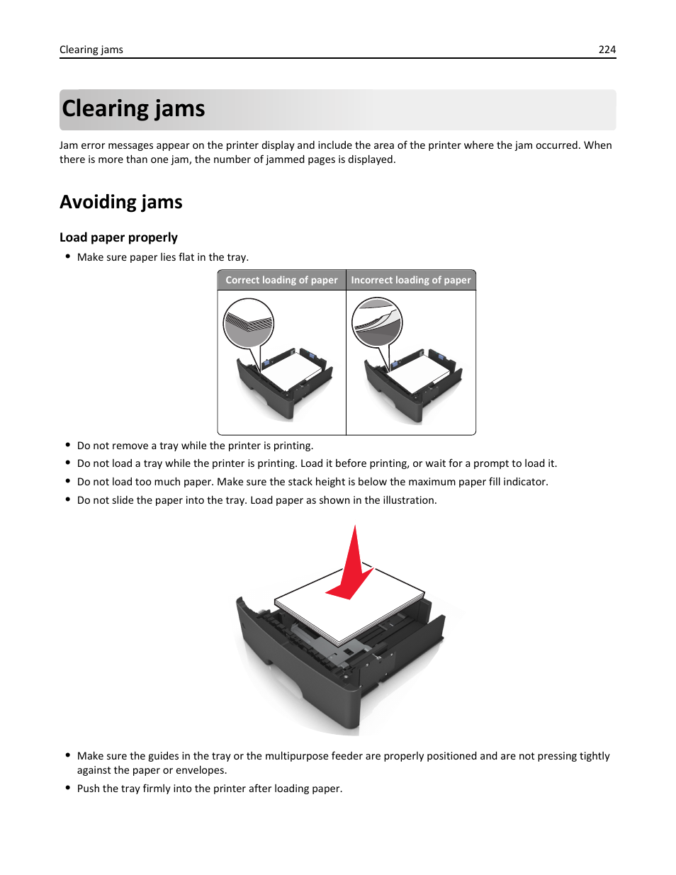 Clearing jams, Avoiding jams | Dell B3465dnf Mono Laser Multifunction Printer User Manual | Page 224 / 315