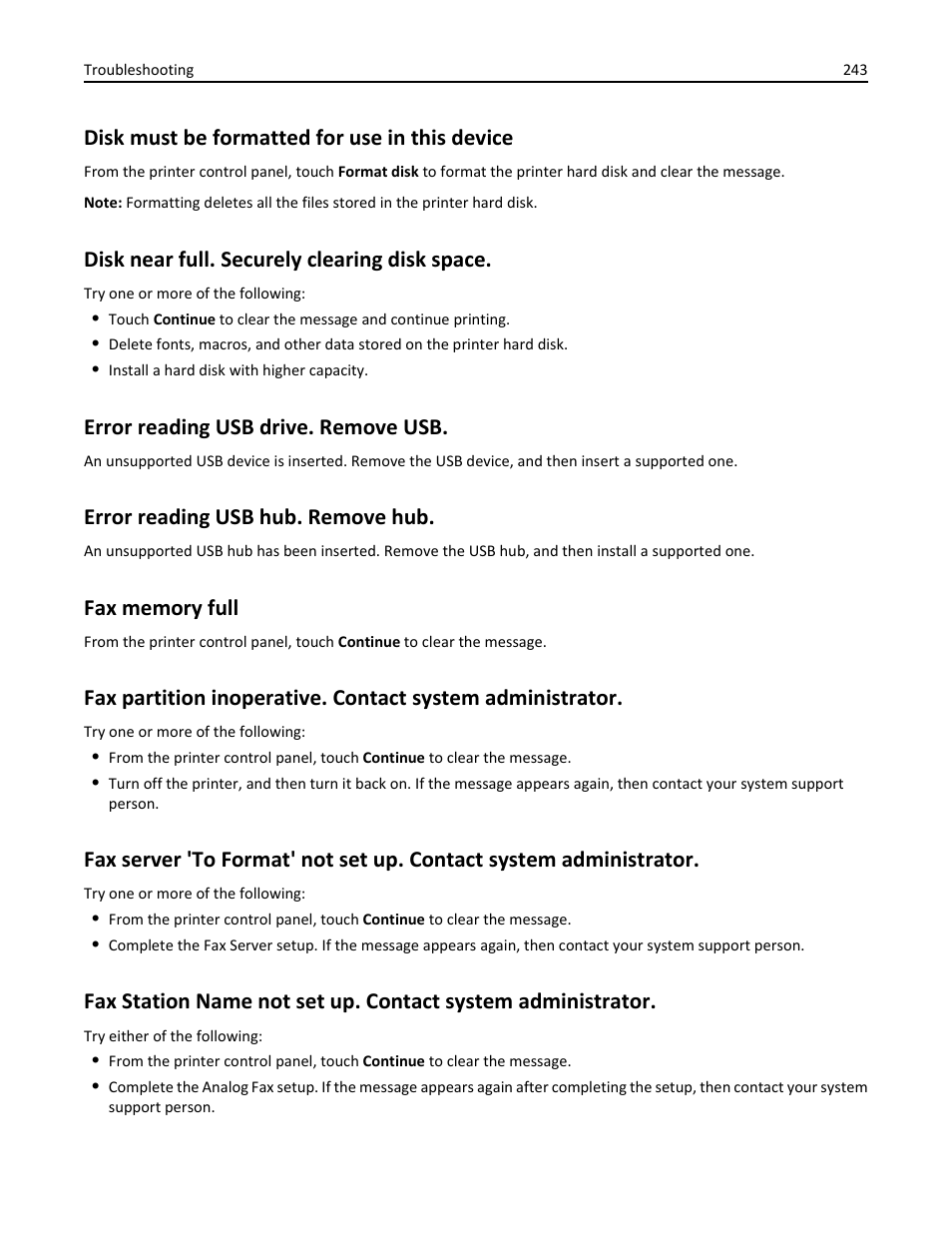 Disk must be formatted for use in this device, Disk near full. securely clearing disk space, Error reading usb drive. remove usb | Error reading usb hub. remove hub, Fax memory full | Dell B3465dnf Mono Laser Multifunction Printer User Manual | Page 243 / 315
