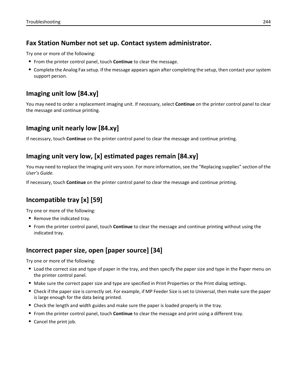 Imaging unit low [84.xy, Imaging unit nearly low [84.xy, Incompatible tray [x] [59 | Incorrect paper size, open [paper source] [34 | Dell B3465dnf Mono Laser Multifunction Printer User Manual | Page 244 / 315