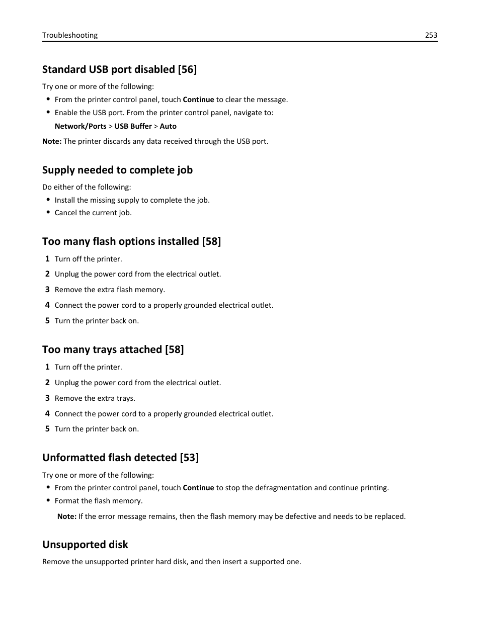 Standard usb port disabled [56, Supply needed to complete job, Too many flash options installed [58 | Too many trays attached [58, Unformatted flash detected [53, Unsupported disk | Dell B3465dnf Mono Laser Multifunction Printer User Manual | Page 253 / 315