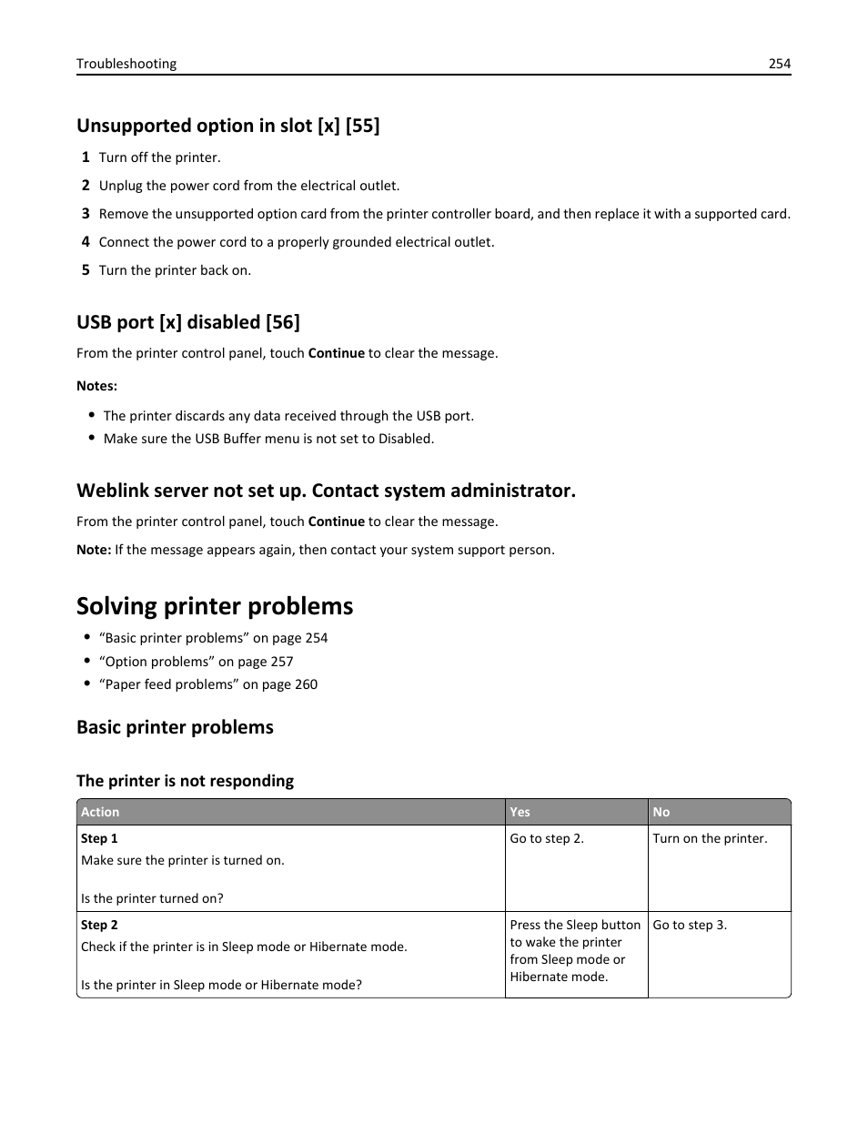 Unsupported option in slot [x] [55, Usb port [x] disabled [56, Solving printer problems | Basic printer problems, The printer is not responding | Dell B3465dnf Mono Laser Multifunction Printer User Manual | Page 254 / 315