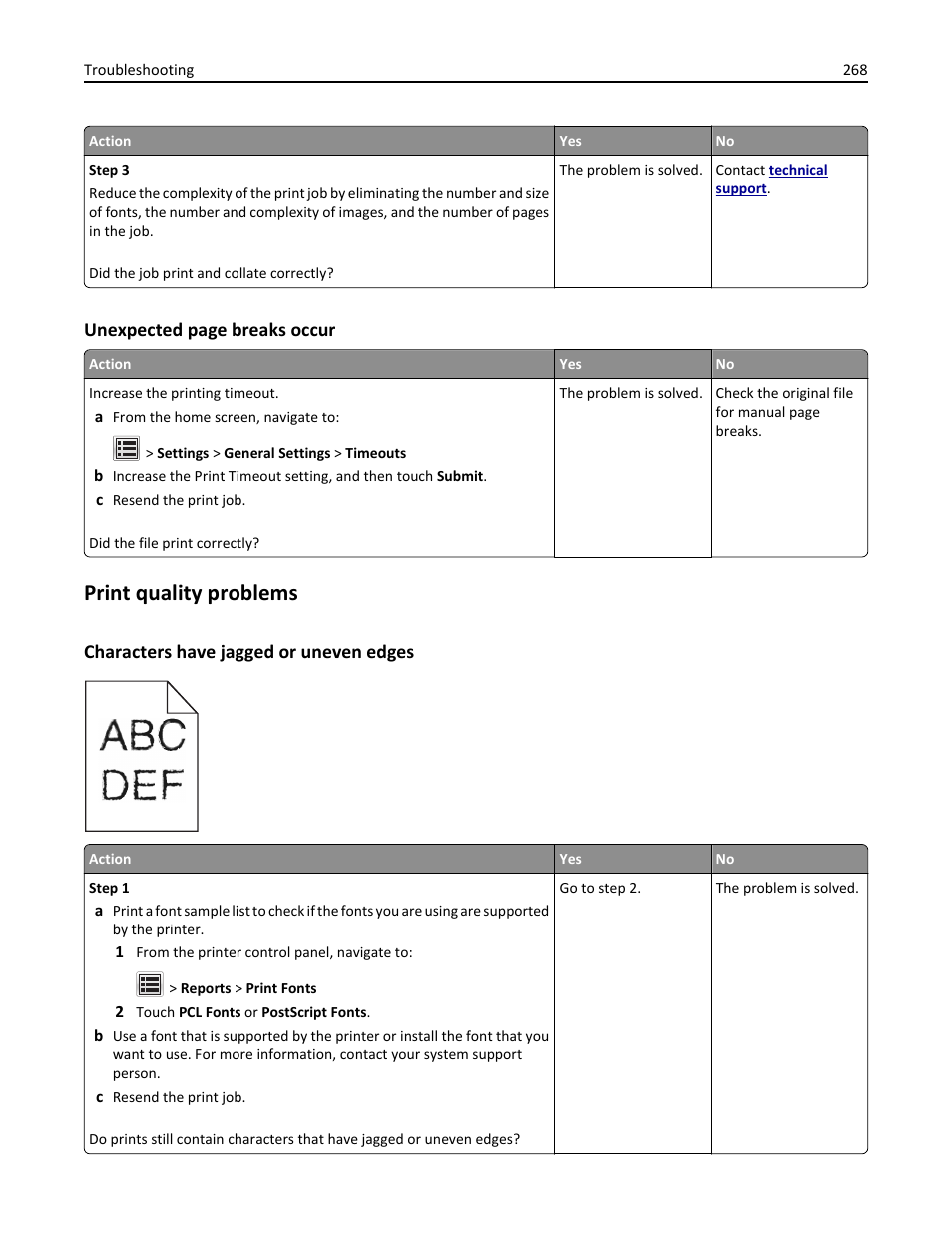 Print quality problems, Characters have jagged or uneven edges | Dell B3465dnf Mono Laser Multifunction Printer User Manual | Page 268 / 315