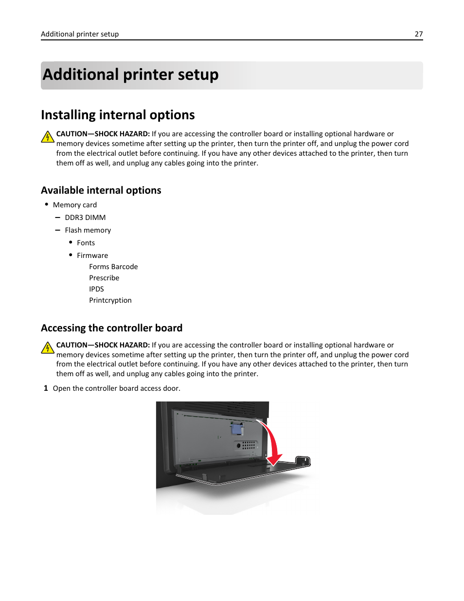 Additional printer setup, Installing internal options, Available internal options | Accessing the controller board | Dell B3465dnf Mono Laser Multifunction Printer User Manual | Page 27 / 315