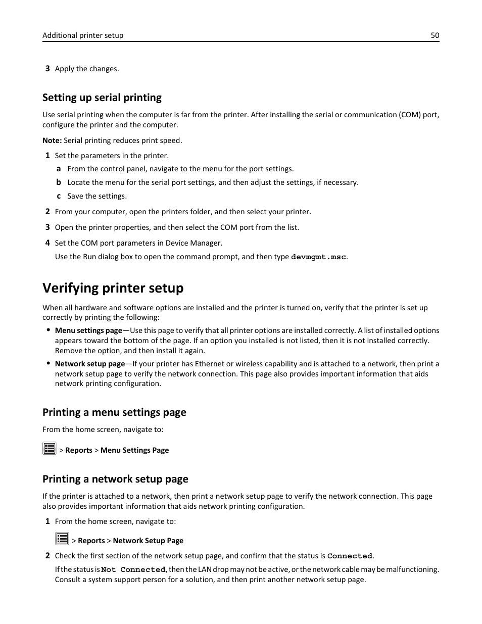 Setting up serial printing, Verifying printer setup, Printing a menu settings page | Printing a network setup page | Dell B3465dnf Mono Laser Multifunction Printer User Manual | Page 50 / 315