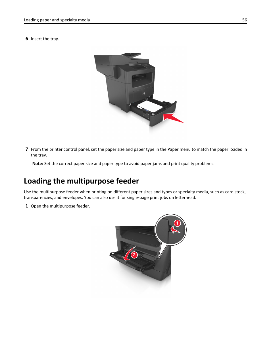 Loading the multipurpose feeder | Dell B3465dnf Mono Laser Multifunction Printer User Manual | Page 56 / 315