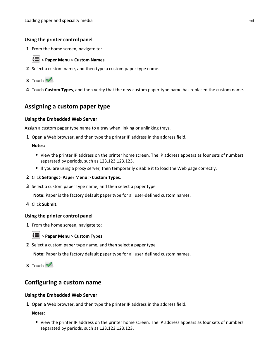 Assigning a custom paper type, Configuring a custom name | Dell B3465dnf Mono Laser Multifunction Printer User Manual | Page 63 / 315